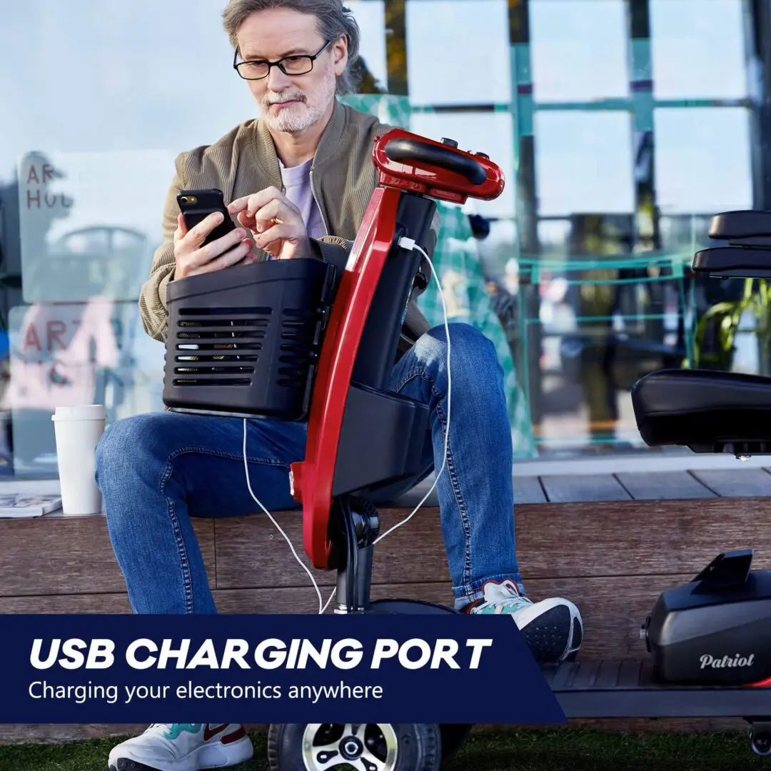 Portable electric scooter with USB charging port being used outdoors.