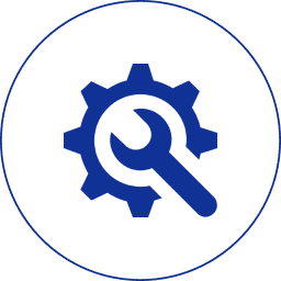 Blue gear and wrench icon on black.