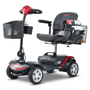Compact mobility scooter with a basket and comfortable seat.