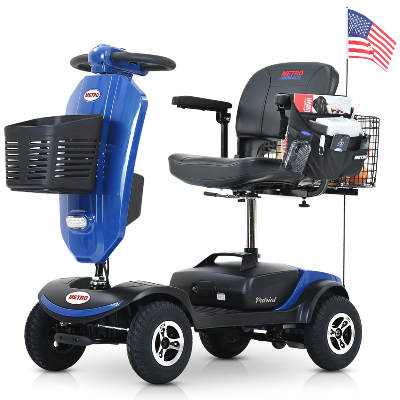 Blue four-wheel mobility scooter with basket