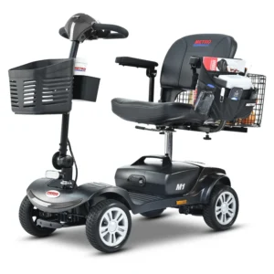 Electric mobility scooter with a basket and comfortable seat.