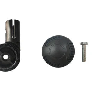 Black plastic knob parts with a metal screw, likely for assembly or adjustment.