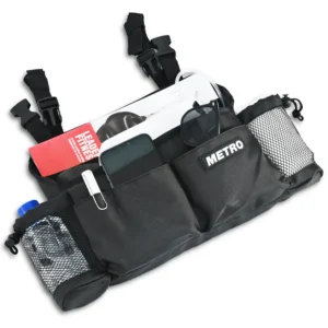 Top view scooter organizer holding phone and sunglasses