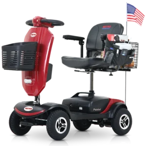 A red mobility scooter with an American flag attached.