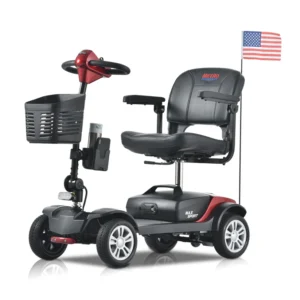 Compact red and black mobility scooter with basket and US flag.