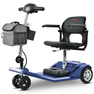 Compact blue mobility scooter with padded seat and storage basket.