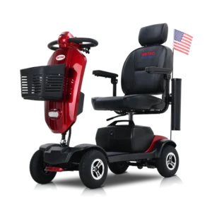 A red mobility scooter with black seat and American flag attached.
