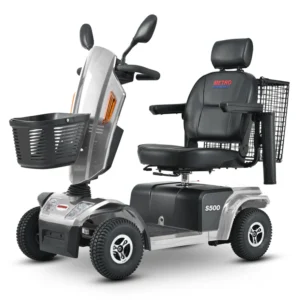 A silver mobility scooter with baskets and comfortable seating.