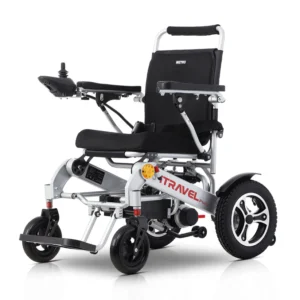 Modern electric wheelchair with a sturdy frame and large wheels.