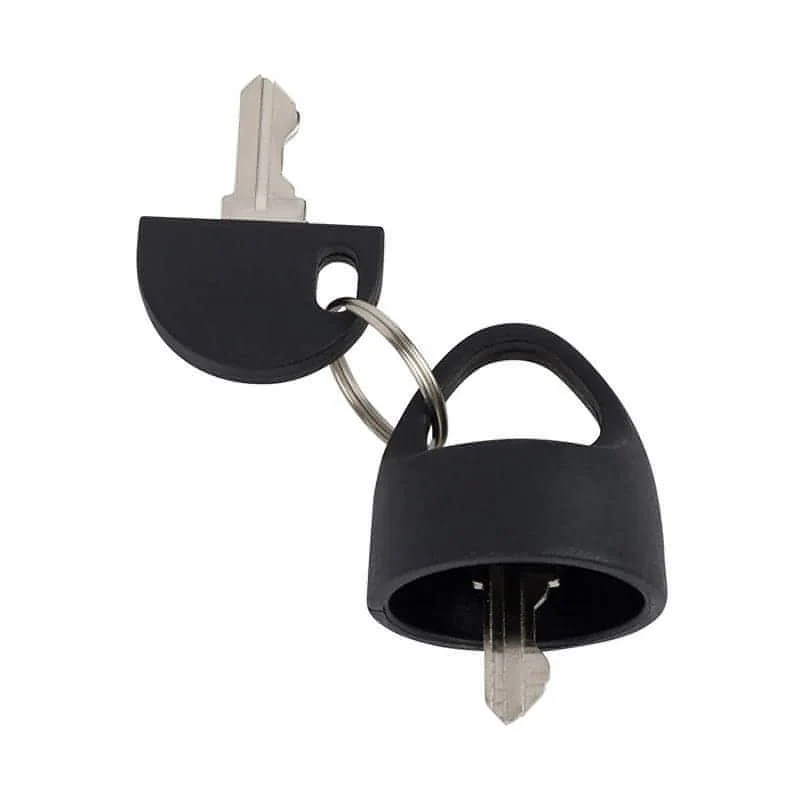 A key with a black plastic cover attached to a keychain ring.