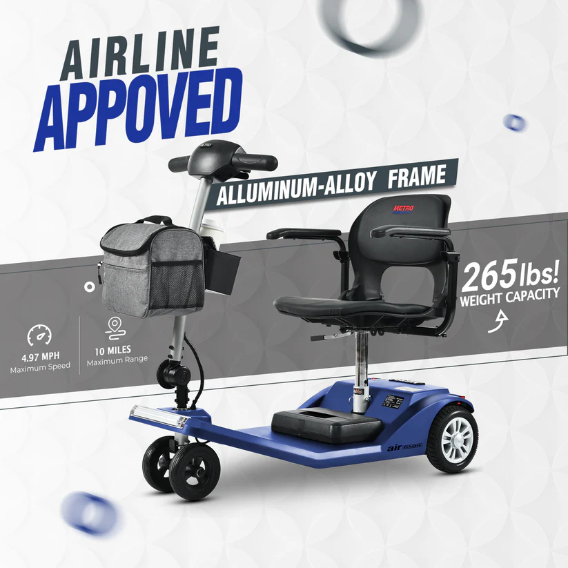 Compact mobility scooter approved for airline travel with aluminum frame.