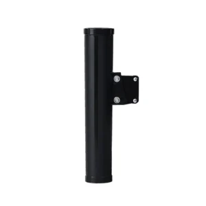 Black metal wall-mounted rod holder for fishing or tools.