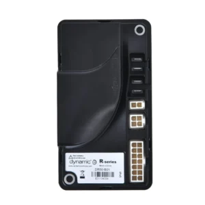 Black electronic circuit board with connectors and components.