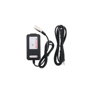 Compact black electrical device with a cord and a plug.