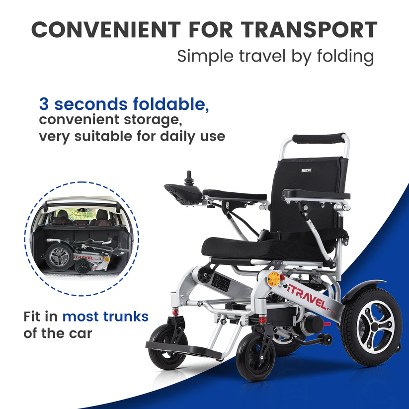 Foldable electric wheelchair for easy transport and storage.