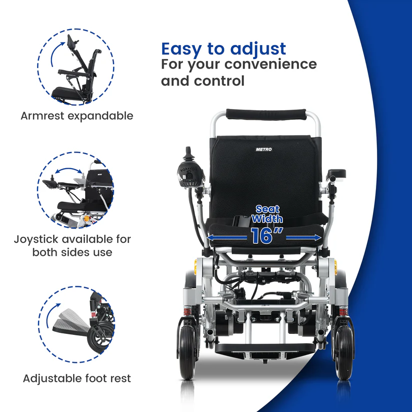 Adjustable wheelchair features for comfort and control.