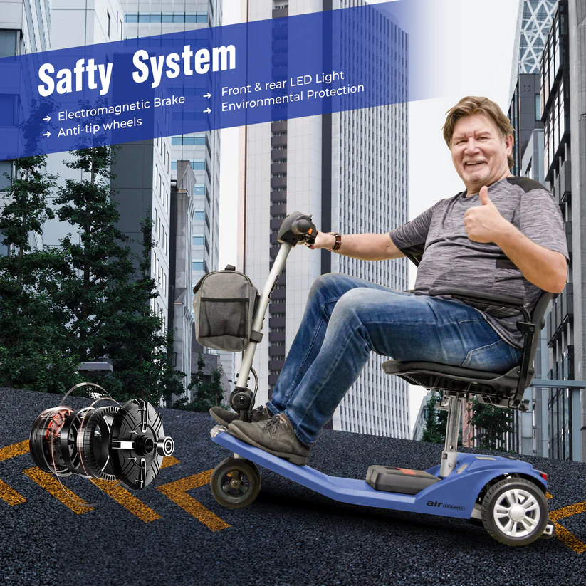Man smiling while riding an electric scooter in a city.