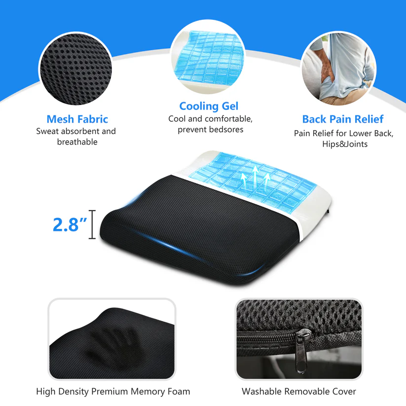 Cooling gel memory foam pillow with washable mesh cover and removable case.