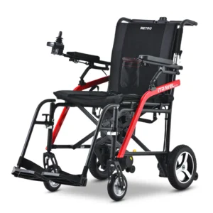 A modern, lightweight manual wheelchair with red frame and black seat.