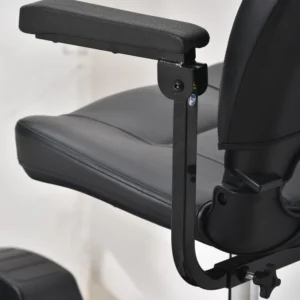 Close-up of a black adjustable armrest on an office chair.
