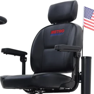 Black ergonomic chair with armrests and an adjustable headrest.