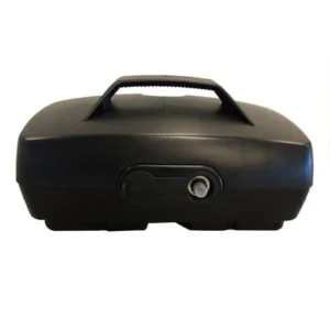 Black portable lockbox with handle and keyhole.