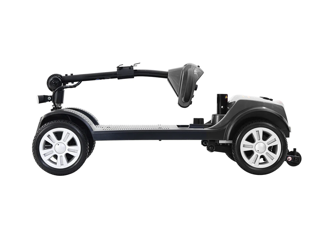 Folded electric scooter with sleek design and black finish.