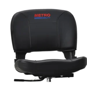 Black cushioned seat with backrest and red "METRO" logo.