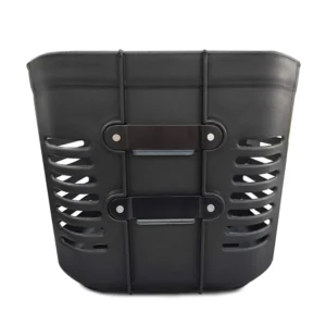 Black plastic basket with ventilation slits and mounting brackets.